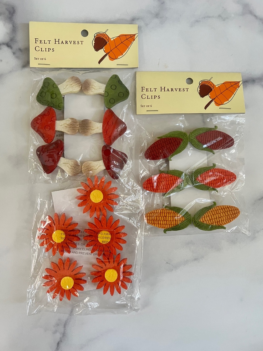 NWT Set of 3 Dimensional Felt Fall Harvest Clips, Mushrooms/Ears of Corn/Flowers